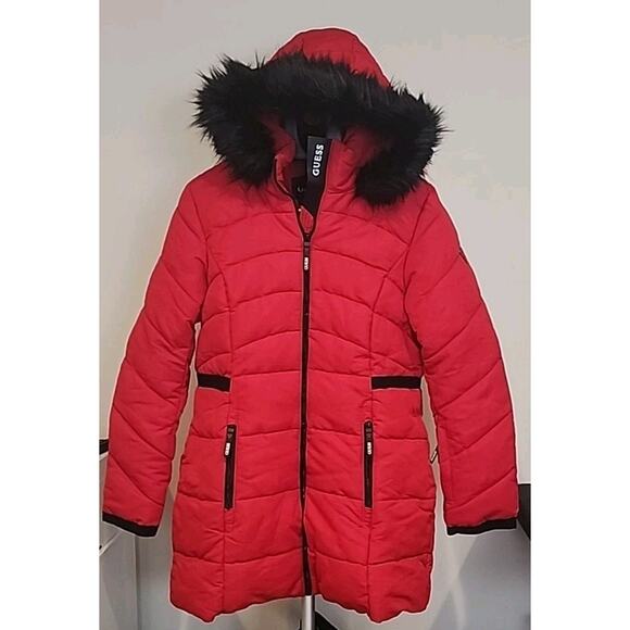 Guess Size Large Women’s Winter Red Puffer Coat With Faux Fur Read - Picture 1 of 14